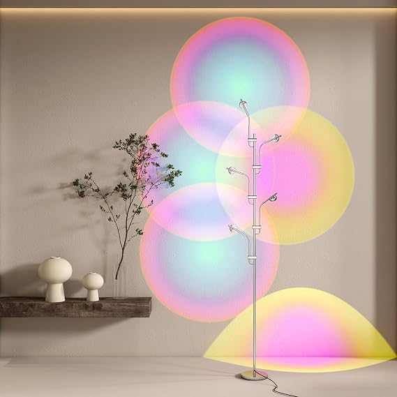 TACAHE RGBW Halo Projector Floor Lamp - 4000K LED with Color Filters | Light and Shadow Mood Light - 5-Head Ambient Decor Lighting for Bedroom, Living Room - 73" - 12W - Chrome