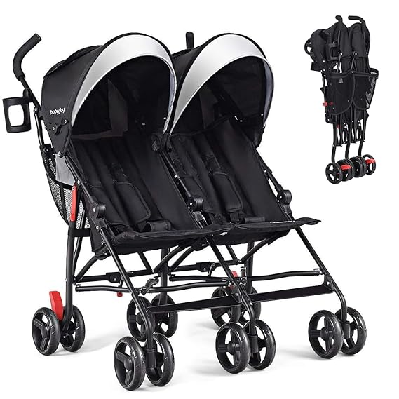 BABY JOY Double Umbrella Stroller, Lightweight Travel Side by Side Twin Stroller with Large Storage, Cup Holder, 5-Point Safety Harness, Adjustable Canopy & Compact Fold for Infant and Toddler (Black)
