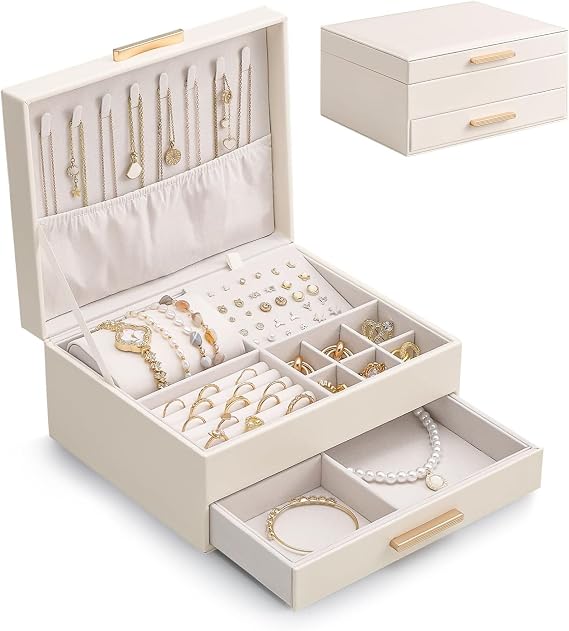 Lolalet 2-Layer Jewelry Box Organizer Holder for Women Girls Mom -Beige | Jewelry Storage Case with Drawers for Necklaces Ring Earrings Bracelet Watch, Gifts Choice for Mom Mothers Day