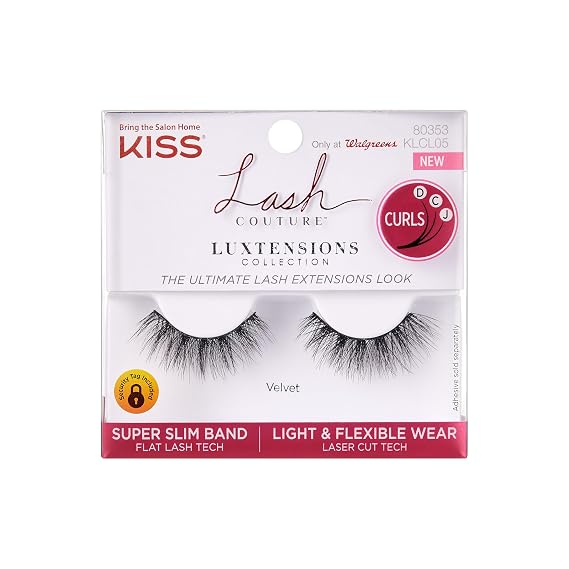 Kiss Lash Couture LuXtensions Collection False Eyelashes, Flat Lash Technology, Super Slim Lash Band, Real Lash Extension Fibers, Reusable, Style Velvet', 12mm, 1 Pair Strip Lashes