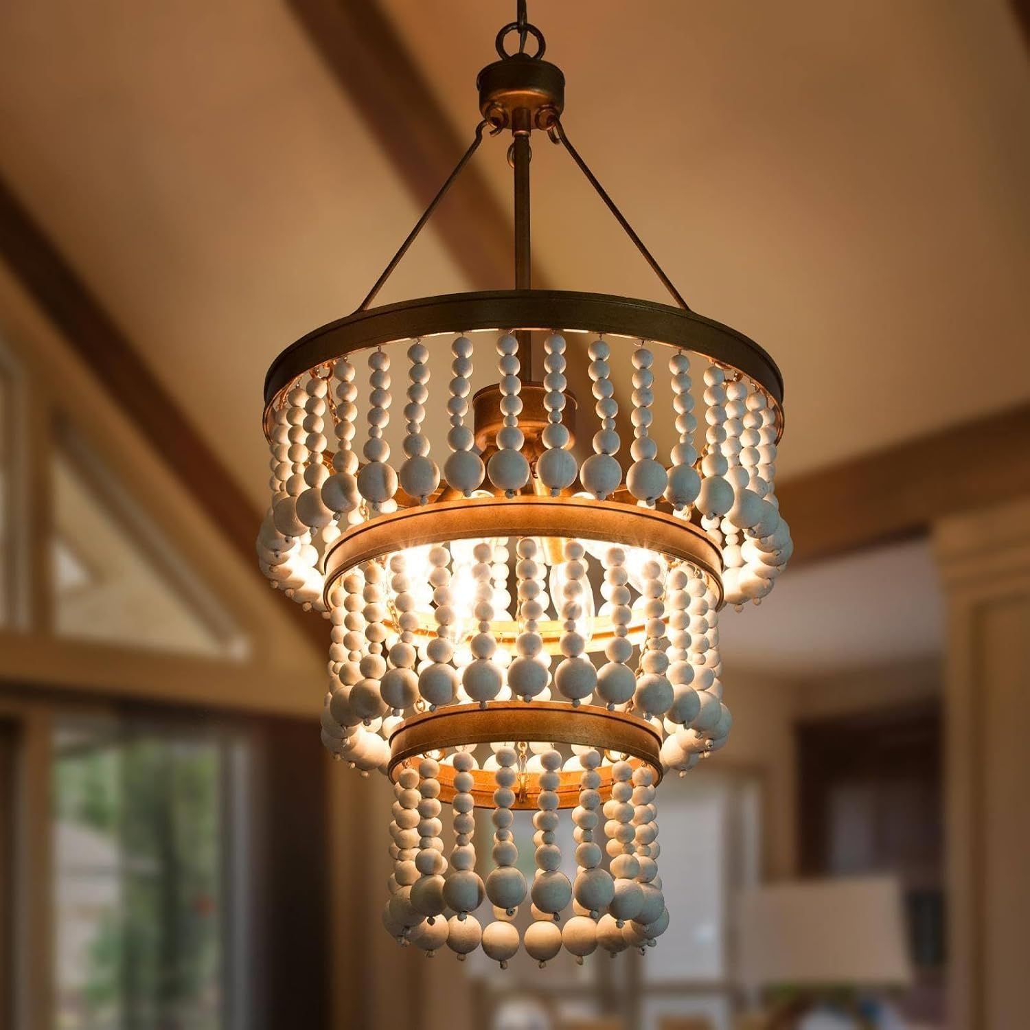 Wood Beaded Chandelier, Antique Gold 3-Tier Boho Chandeliers for Dining Room, 6-Light Modern Farmhouse Hanging Light Fixture for Living Room, Kitchen and Entryway