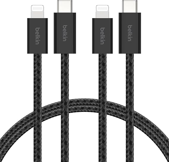 Belkin 2-Piece Braided USB-C to Lightning Cable, 1.5 m, fast charging cable for iPhone 14 and earlier models, 9th Generation iPad and AirPods, Black