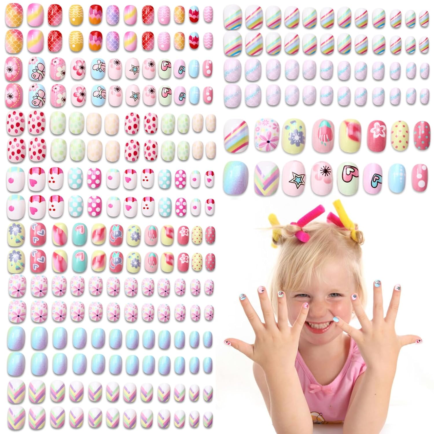 Ideal Swan 240 Pcs Press on Nails for Kids, False Nails Kids Press On Nails Glue Full Cover Acrylic Nail Tip Kit for Children Little Girls Nail Decoration Multicolor Gradient Series