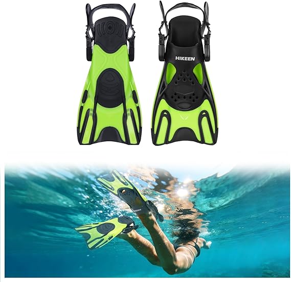 Hikeen Adjustable Snorkel Fins,Short Snorkeling Fins for Adults Men Women Open Heel Swimming Fins, Lightweight Swim Flippers with Mesh Bags