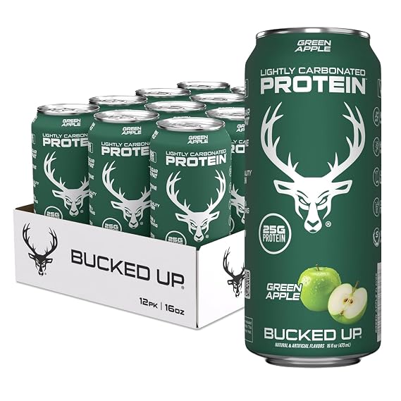 Bucked Up Lightly Carbonated Protein Soda | 25g Whey Isolate - Zero Sugar, Low Calorie, Caffeine Free, Clean Drink | Sparkling Protein Soda - 12 Pack, 16 oz Cans (Green Apple)
