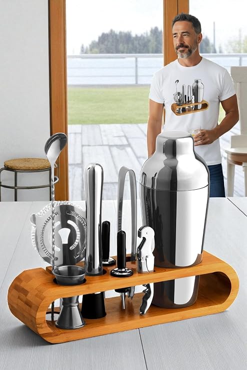 Transformacion Shaker Gümüş Kokteyl Set - 10 Parça 750 Ml Shaker Coctail Set Bambu Standlı, 722202