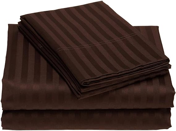 4 PC Cotton Sheets Set, 600 Thread Count 100% Egyptian Cotton, 22 Inch deep Pocket of Fitted Sheet, Long-Staple Combed Cotton Best-Bedding Sheets for Bed, Chocolate Stripe, Twin-XL Size.