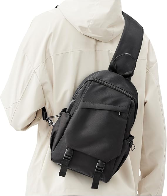 SEAFEW Black Sling Bag for Men Women, Mini Anti Theft One Strap Motorcycle Sling Backpack, Small Sling Chest Bag Daypack Crossbody Backpack for Casual Travel Hiking Gym Outdoor Sports