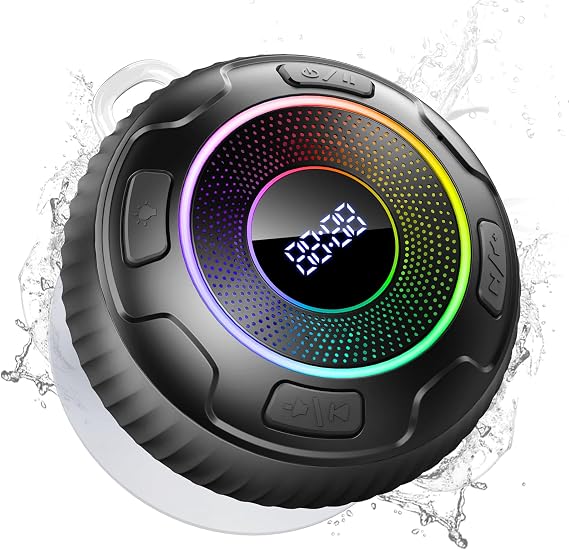 Hupoaf Bluetooth Shower Speaker, Bluetooth Speaker 5.3, 6D Sound, Portable Speaker with Suction Cup/Hook, IPX7 Waterproof, with LED Light/Time Display, for Outdoor/Party/Bathroom//Kayak/Gift