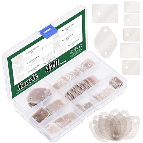 Keadic 420Pcs 7 Style Mica Insulating Sheet Assortment Set, TO-220, TO-3P, TO-3P11, TO-3PL, to-3 Transistor Insulator Pads Thermal Insulation Repair Parts for Lighting Electronics