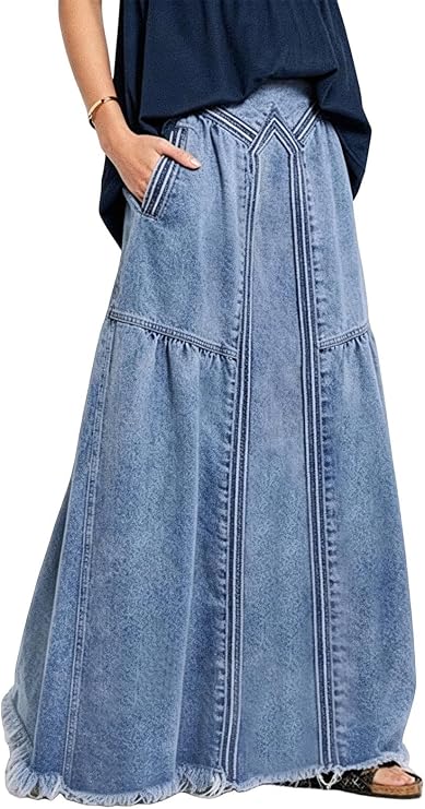 ebossy Women's High Waist A Line Frayed Maxi Long Denim Skirt with Pockets