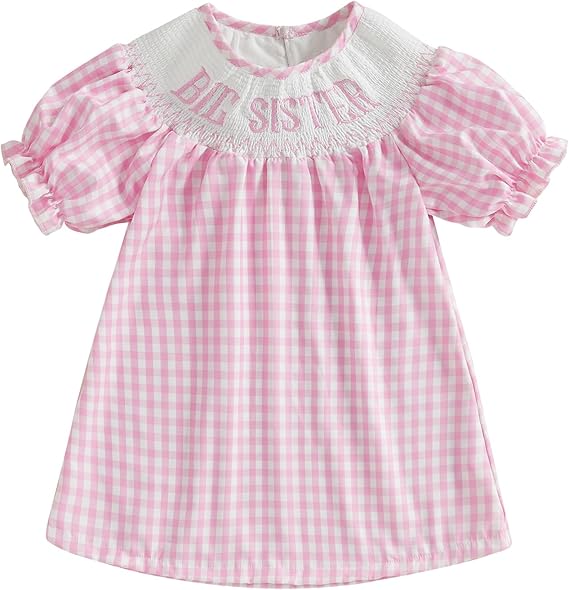 Baby Sister Big Sister Matching Outfits Puff Short Sleeve Letter Plaid Smocked Princess Dress/Bubble Romper Summer