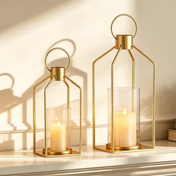 Gold Lanterns with Hurricane Glass, Set of 2 for Centerpieces