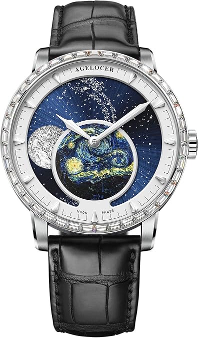 AGELOCER Men's Genuine Diamond Top Brand Blue Automatic Moon Phase Mechanical Watch
