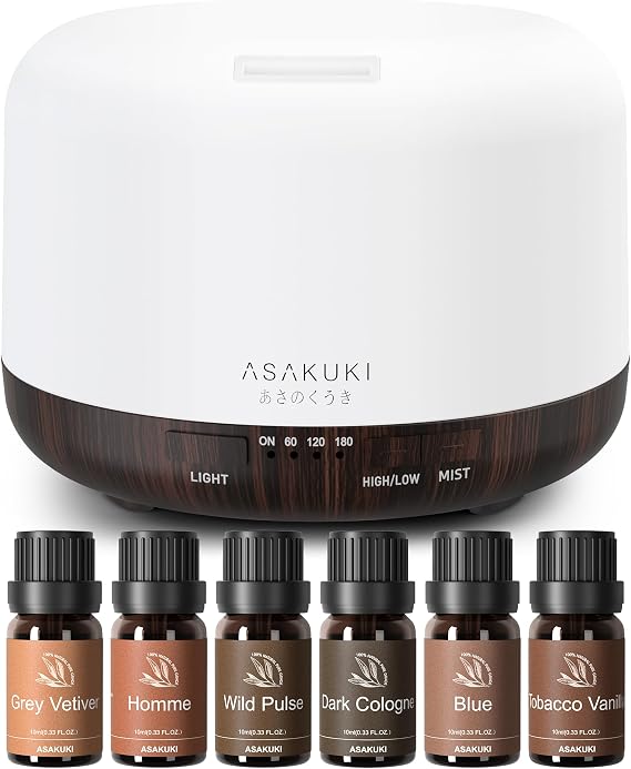 ASAKUKI Oil Diffuser Set 500ml Cool Mist Humidifier with 6 Masculine Essential Oils Dark Cologne, Tobacco Vanilla, Vetiver, More for Home, Office, Gift