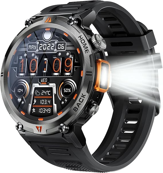 Military Smart Watch for Men 3ATM Waterproof Tactical Rugged Smart Watch with Bluetooth Call Flashlight 1.45" Big Screen Fitness Tracker Heart Rate Sleep Monitor Sports Smartwatch for iPhone Android