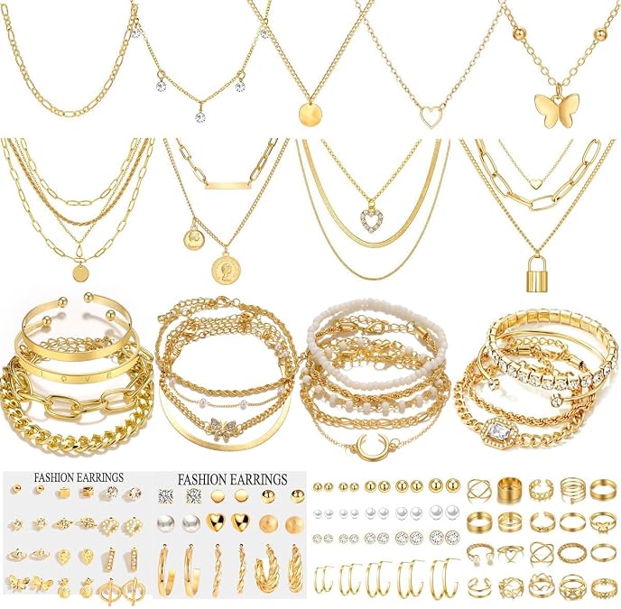 139pcs Gold Jewelry Set Costume Jewelry With 11 PCS Necklace, 16 PCS Bracelet, 90 PCS Stud Hoop Earring 22 Pcs Rings for Women Friendship Gift Set