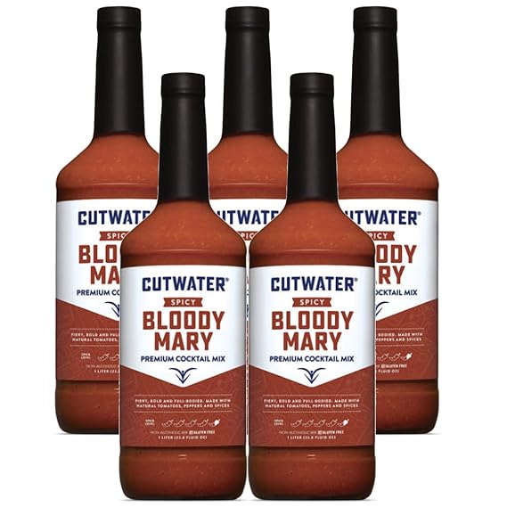 Cutwater Spicy Bloody Mary Mix 5 Pack - 1L Bottles- 25 Calories Fat-Free - Full-Bodied Flavorful Mixer