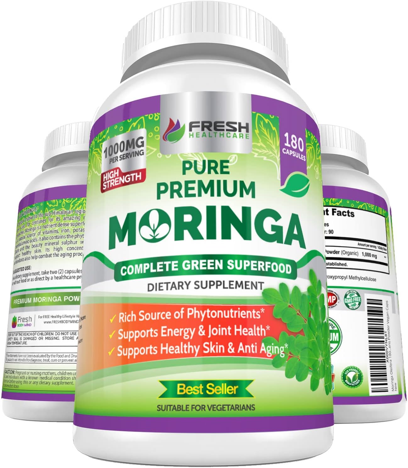FRESH HEALTHCARE Moringa Capsules 100% Pure Leaf Powder - 180 Pills, Non-GMO - 3 Month Supply - Complete Green Superfood for Energy, Skin, Immune & Gut Health Support