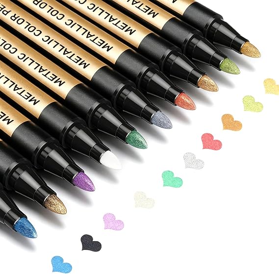 JR.WHITE Metallic Paint Markers, 10 Colors for Scrapbook, Black Paper, Photo Album, Rock Painting, Glass, Wood, Scrapbook Supplies, Card Making Kit, DIY Arts & Crafts