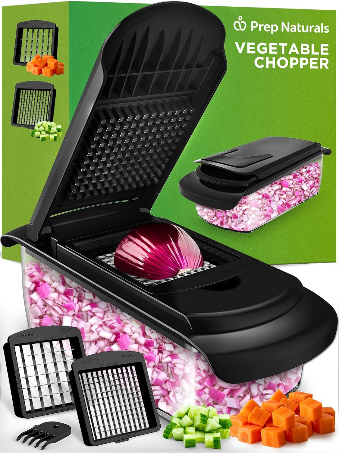 PrepNaturals Vegetable Chopper with Container, Veggie Chopper, Food Chopper & Onion Chopper - Mandoline Slicer for Kitchen 4 in 1, Black