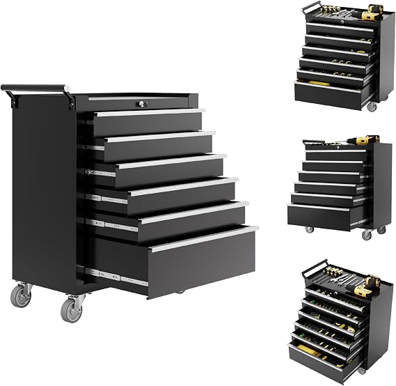 Rolling Tool Box with Wheels 6 Drawer Heavy Duty Tool Chest Cabinet, Lockable Portable Storage Organizer with Drawer Liners, Mobile Mechanic Toolbox for Garage, Workshop, Shop, Easy Assembly, Black