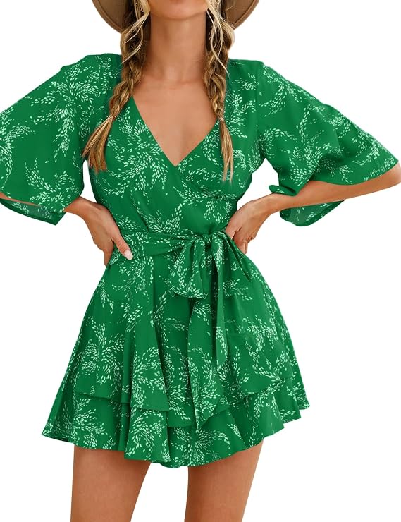 Bonkwa Women's Casual Rompers Floral Print Mid Sleeves Waist Tie Romper Ruffle Hem Deep V-Neck Short Jumpsuits for Summer