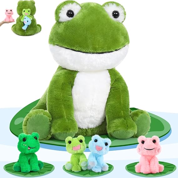 MorisMos Big Frog Stuffed Animal Plush Toys,Large Green Mommy Frog Toy and 4 Baby Toads for Kids,Cute Plush Toad Toys,Soft Green Stuffed Animals Gift for Girls Boys Christmas Baby Shower Birthday