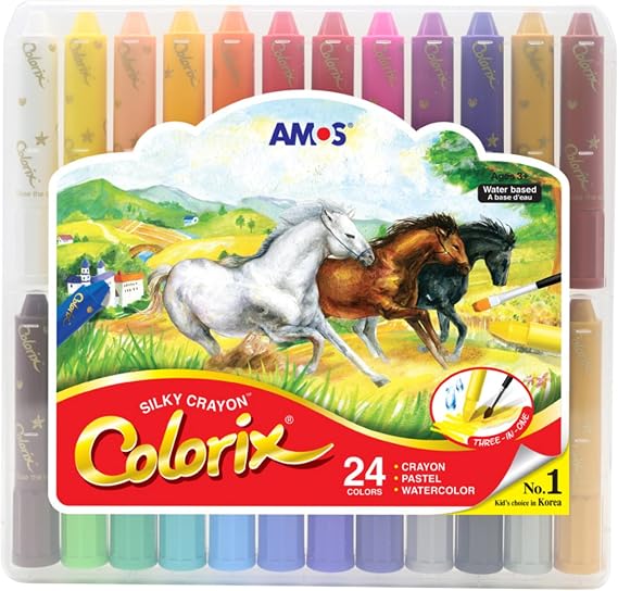 AMOS Twist Crayons 3 in 1 Crayon, Pastel & Watercolor with Twist-Up Tubes, Silky Gel Texture, 24 Vibrant Colors, Non-Toxic Art Supplies for Preschool, Travel & Creative Crafts