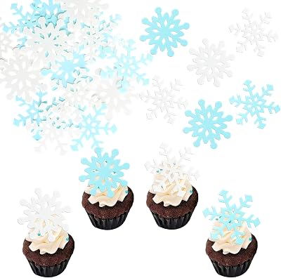 Gyufise 60Pcs Edible Snowflakes Cupcake Toppers - Snowflake Cake Decorations Wafer Paper Sprinkles for Christmas Winter Holiday Theme Party Supplies Blue White