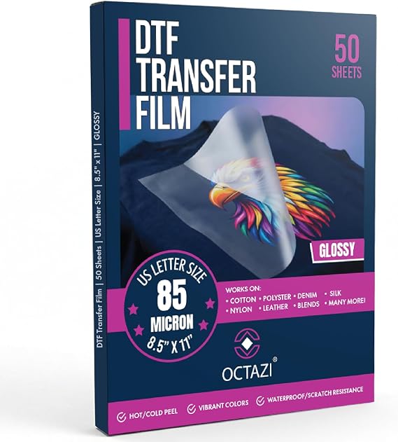 OCTAZI Premium DTF Transfer Film 8.5"x11" - 50 Sheets Single-Sided Matte Clear PreTreat Sheets PET Heat Transfer Paper for DIY Direct Print on All Fabric and Colors T-Shirts Textile