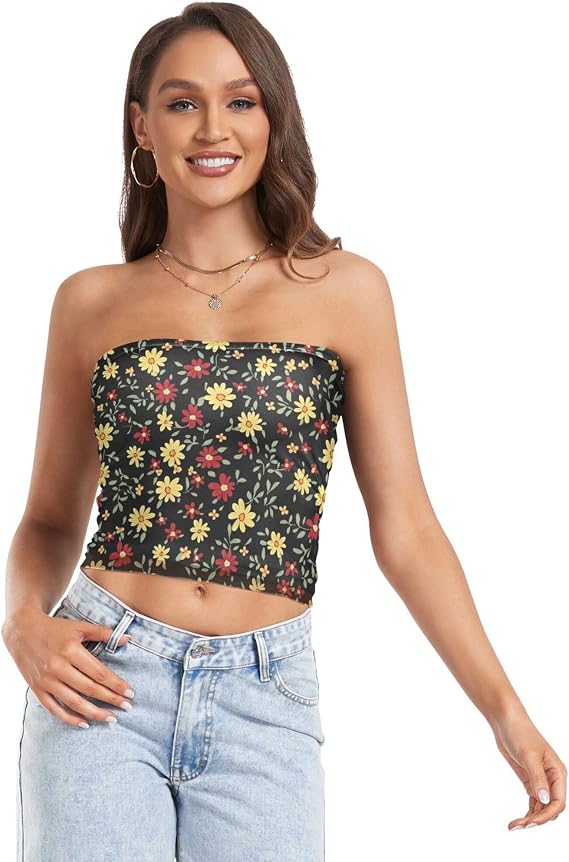 Out Top with Mesh Padded Bandeau Summer Gym Sleeveless Dainty Wildflowers on Black Background