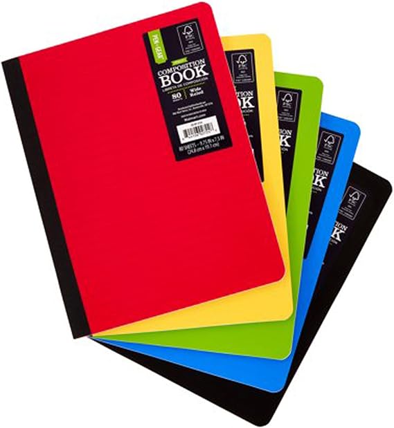 Pen + Gear 5 Pack Poly Composition Notebook, 9-3/4" x 7-1/2", Wide Ruled, 80 Sheet