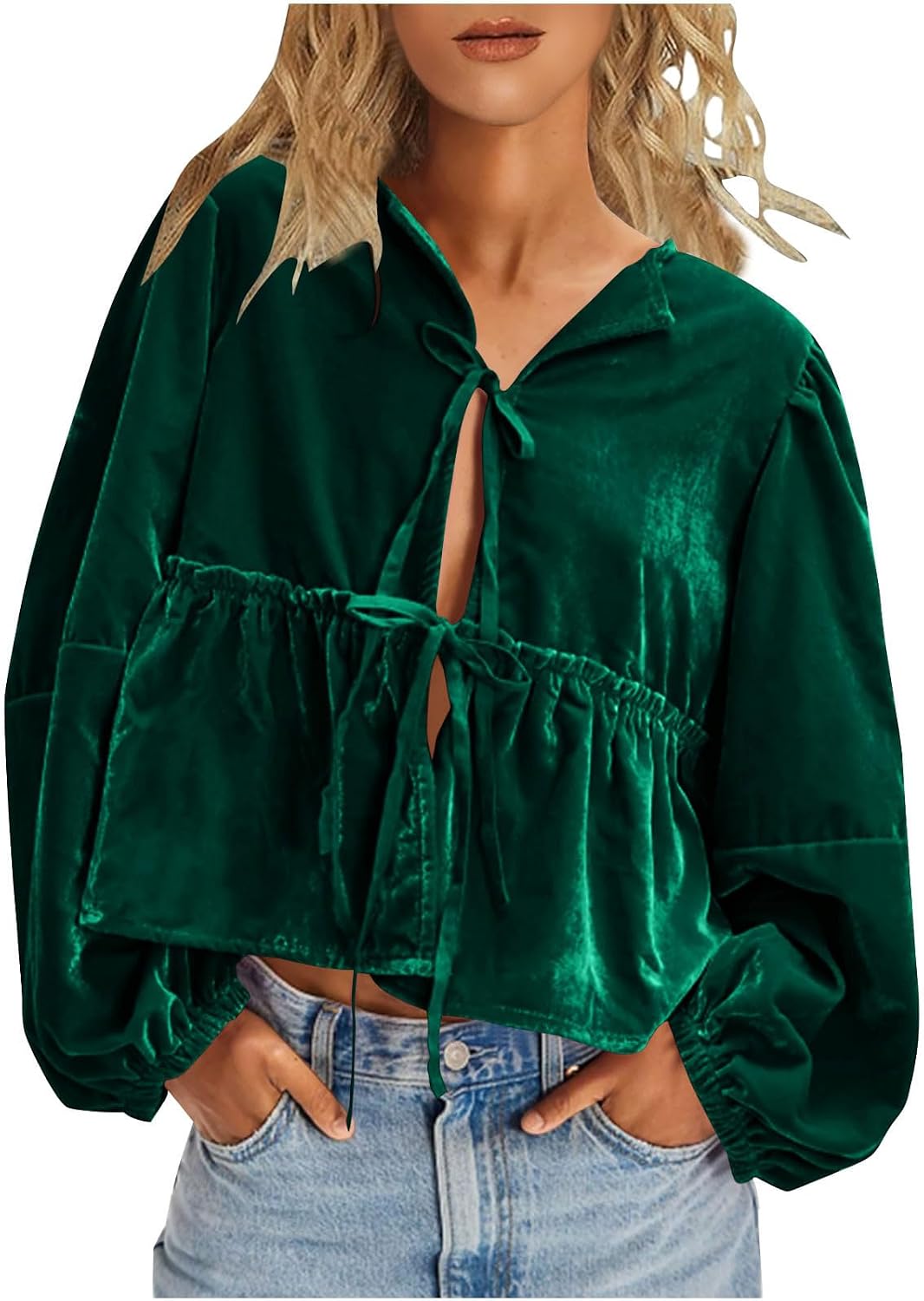 Bow Tie Front Puff Long Sleeve Velvet Blouse Tops for Women V Neck Ruffle Cut Out Crop Tops Cute Babydoll Shirts Top