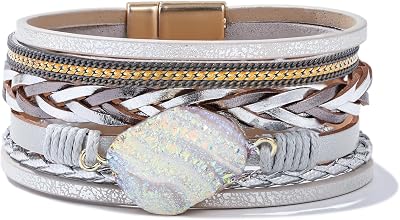 FANCY SHINY Braided Leather Bangle Bracelets Boho Resin Stone Wrap Bracelets Stackable Cuff Bracelets with Magnetic Clasp for Women