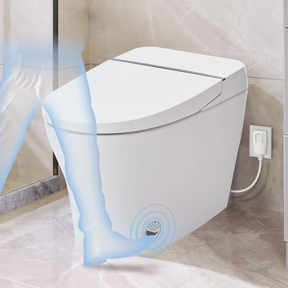 Lakifun Smart Toilet - Compact Dual Flush, Automatic, Heated Seat, Foot Sensor, White Night Light, Knob Control, Power Out, White