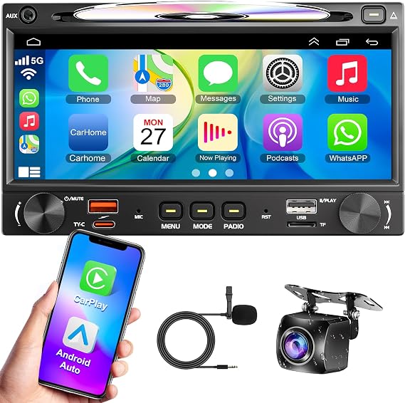 Wireless Double Din Car Stereo Radio with CD/DVD Player, Carplay & Android Auto, 7 inch Car Audio with HD Touchscreen, Bluetooth, Mirror Link, Backup Camera, SWC, FM/AM, USB/SD, A/V Input.