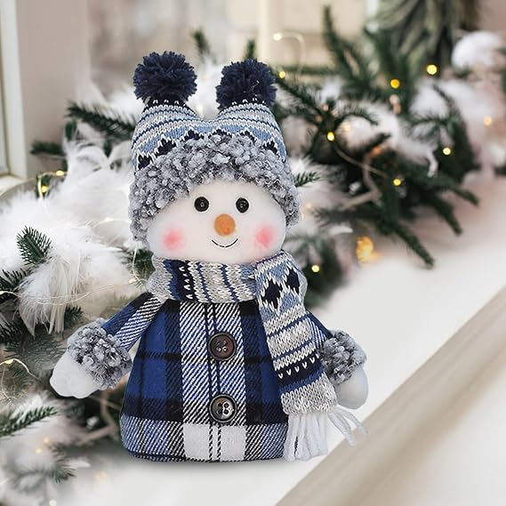 Christmas Snowman Plush Knit Doll, Cute Handmade Ski Swing Figurine wirh Hat, Christmas Table Decorations for Winter, Holiday Fireplace Decor, Xmas Ornaments for Winter Home Bedroom (Blue-B)