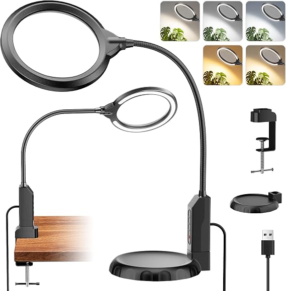 15X Magnifying Glass with Light and Stand, 5-Color & 10 Lightness Level