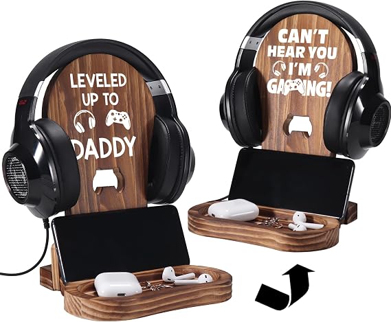 Slothoem Gamer Gifts for New Dad, New Expecting Dad First Fathers Day, New Dad Announcement, Best Birthday Gift for New Father, for Husband Soon-to-be-Dad, Wooden Headset Stand-Leveled Up To Daddy