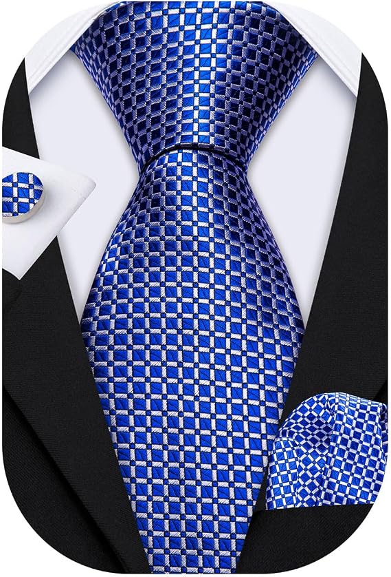 Barry.Wang Plaid Ties for Men Silk Necktie Handkerchief Cuff Links Set