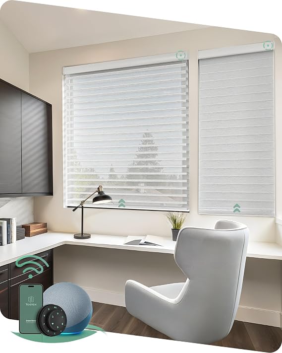 Yoolax Motorized Shangri-La Shades, Room Darkening Smart Blinds Customized | Dual Layer Horizontal Sheer Smart Blinds, Works with Alexa, Google Home, Apple Home, Shangrila Window Shades for Home Office