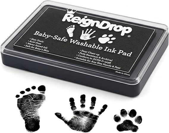 ReignDrop Baby Ink Pad for Hand and Footprints, Non-Toxic Acid-Free Keepsake Kit, Smudge-Proof Archival Ink Wipes Off Skin, for Scrapbook, Photo Album, Frames & Pet Paws, Baby Gift (Black)