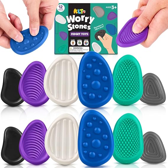 Fidget Toys Adults Sensory Stones: 12 Pack Textured Worry Stone for Autism Kids Calming Down - Fidget Stress Toys for Stress Reduce - Students Prizes Fidget Toys