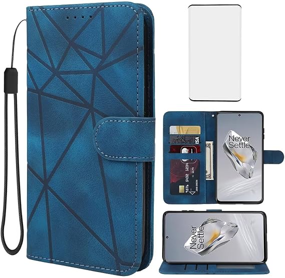Case for OnePlus 12 Case, PJD110 Wallet Case with Tempered Glass Screen Protector, Skin Feel PU Leather Flip Folio Credit Card Holder Stand Phone Cover for OnePlus 12 5G Blue