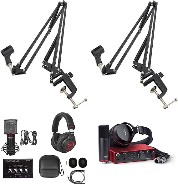 Audiosavings Bundle: Focusrite Scarlett 2i2 Studio 4th Gen Interface Bundle with Rockville RHPA4 4 Ch Headphone Amp+Rockville RCM SR Microphone+PRO-M50 SR Headphones+(2) DMS40 40" Stand (6 Items)