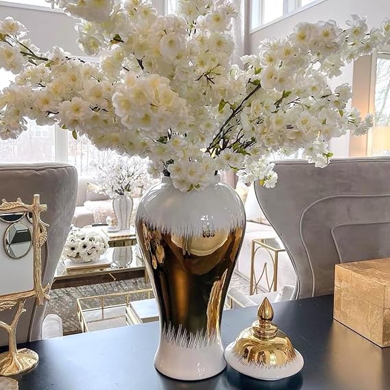 18" Ceramic Ginger Jar Vase with Lid, White Gold Ceramic Vase for Home Decor, Handmade Flower Vase Modern Luxury Decoration Ginger Jars for Living Room Table Center Ornaments