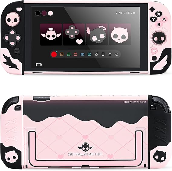 Geekshare Protective Case Set Compatible with switch 2, PC Back Plate with Silicone Joysticks Covers, Includes 2 Thumb Grips, Waterproof Protection - Sweetheart Skull (Black & Pink)