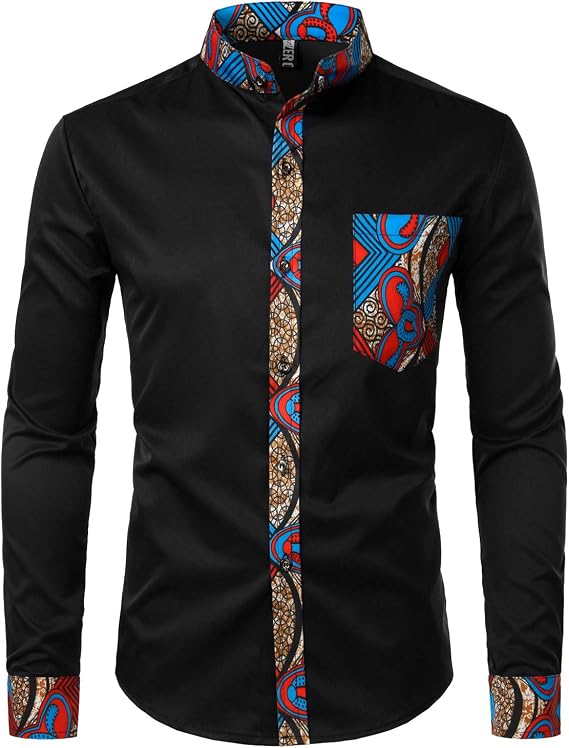 ZEROYAA Men's Hipster Patchwork Design Slim Fit Long Sleeve Button up Mandarin Collar Shirts