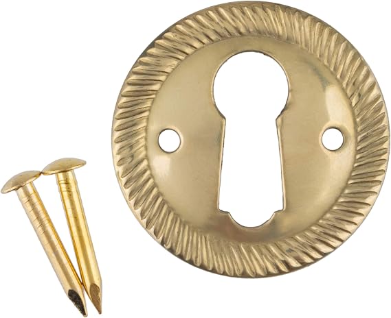Round Rope Pattern Stamped Brass Decorative Keyhole Cover | Diameter: 1" | Keyhole Escutcheon Plate for Cabinet Door, Dresser Drawers, Desk | Antique, Modern Furniture Hardware | UA-80PB
